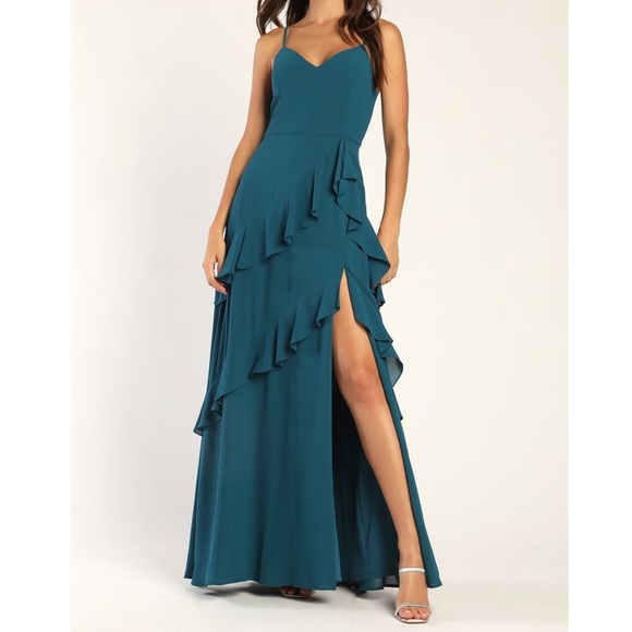 Lulus Dresses & Skirts - NWOT Lulus Blessed with Beauty Teal Blue Ruffled Sleeveless Maxi Dress Small